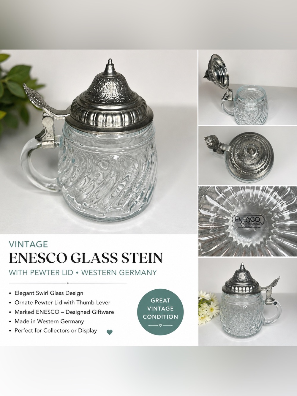 Enesco Clear Glass Stein with Ornate Pewter Lid